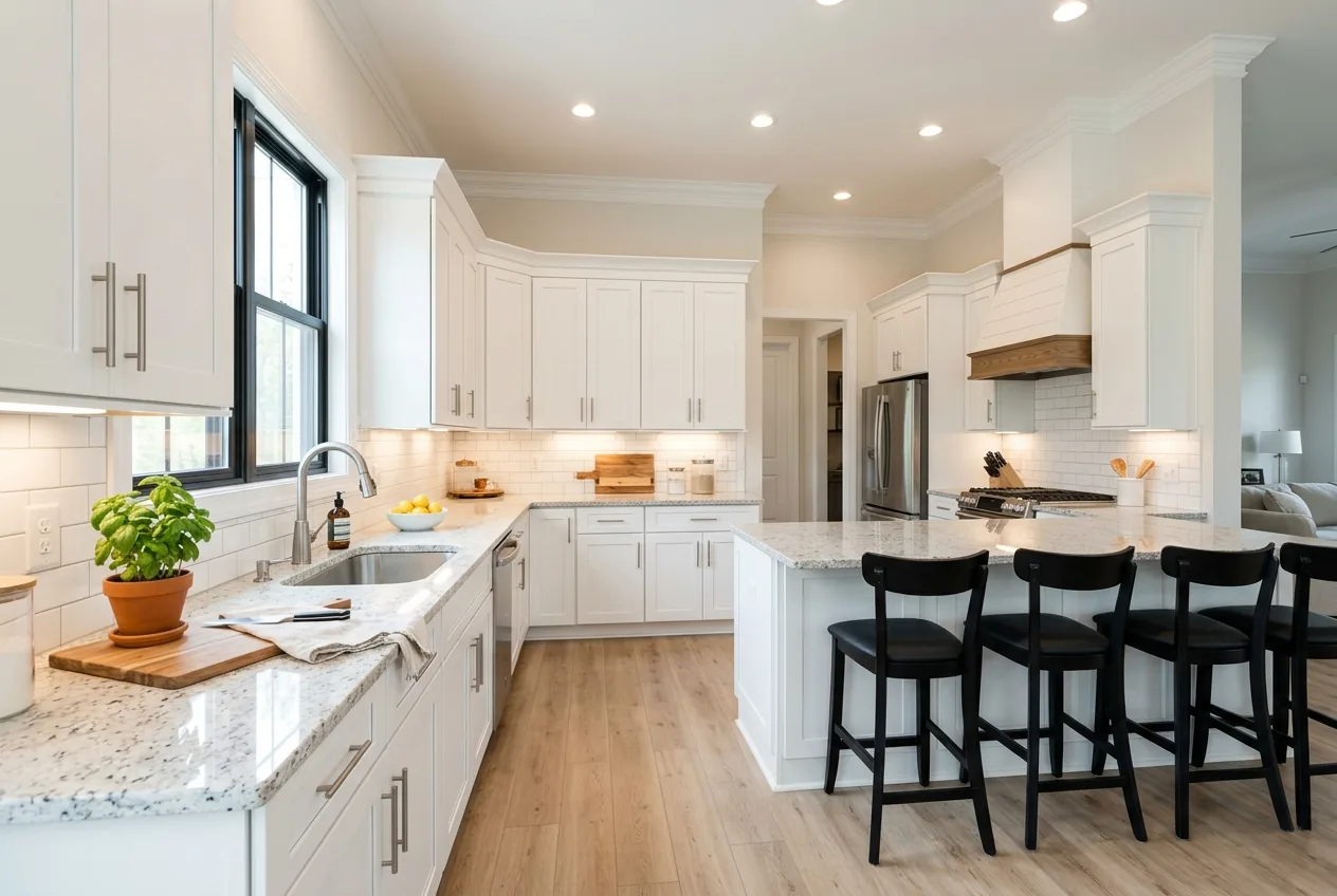 Bright white shaker kitchen with quartz island, black bar stools and pendant lighting