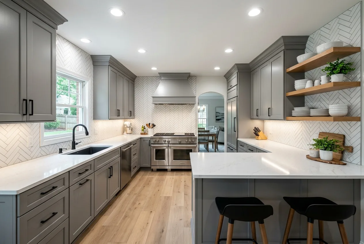 Gray kitchen with herringbone backsplash tile and a double range