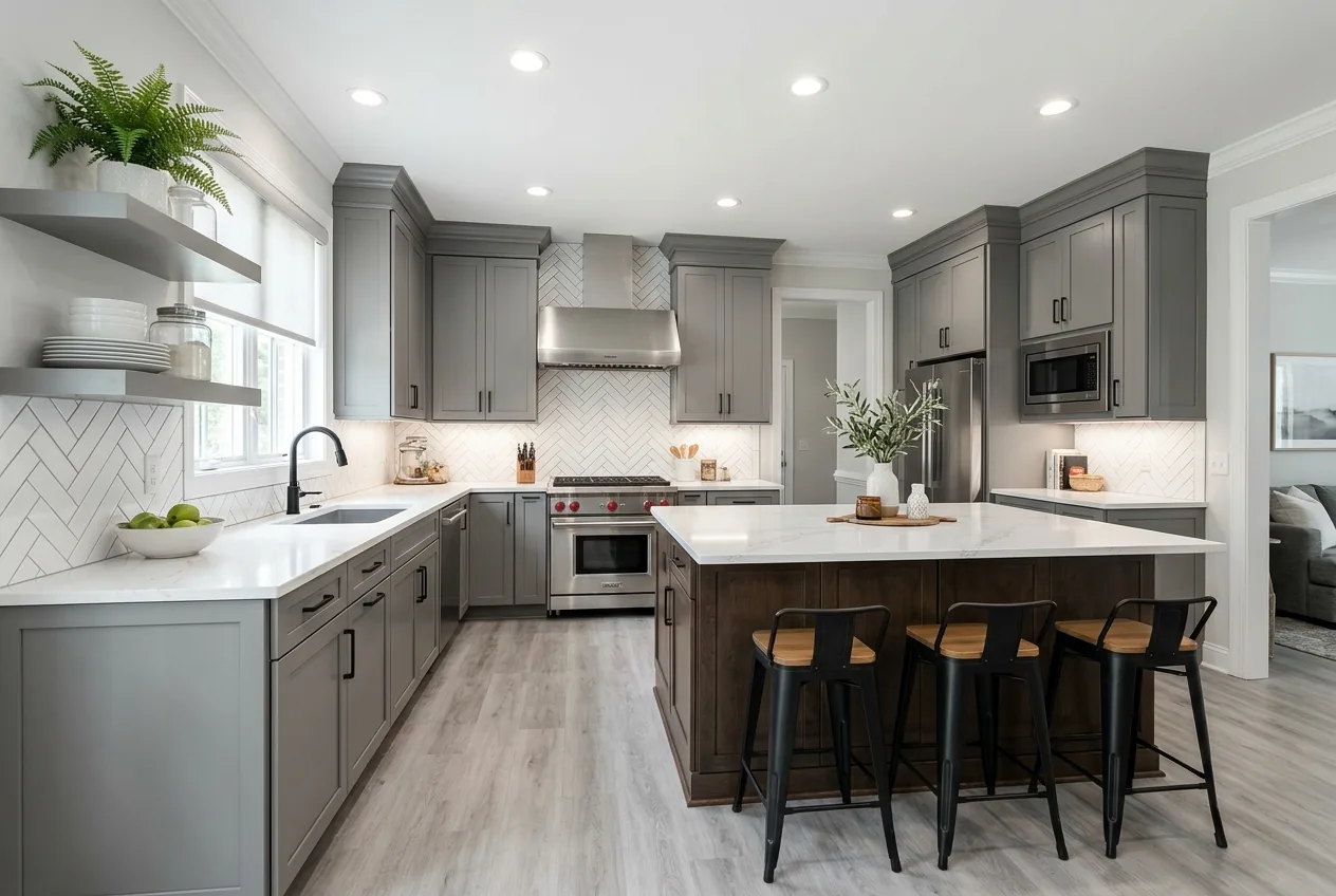 Bright gray shaker kitchen with a waterfall island, white counters, and herringbone backsplash