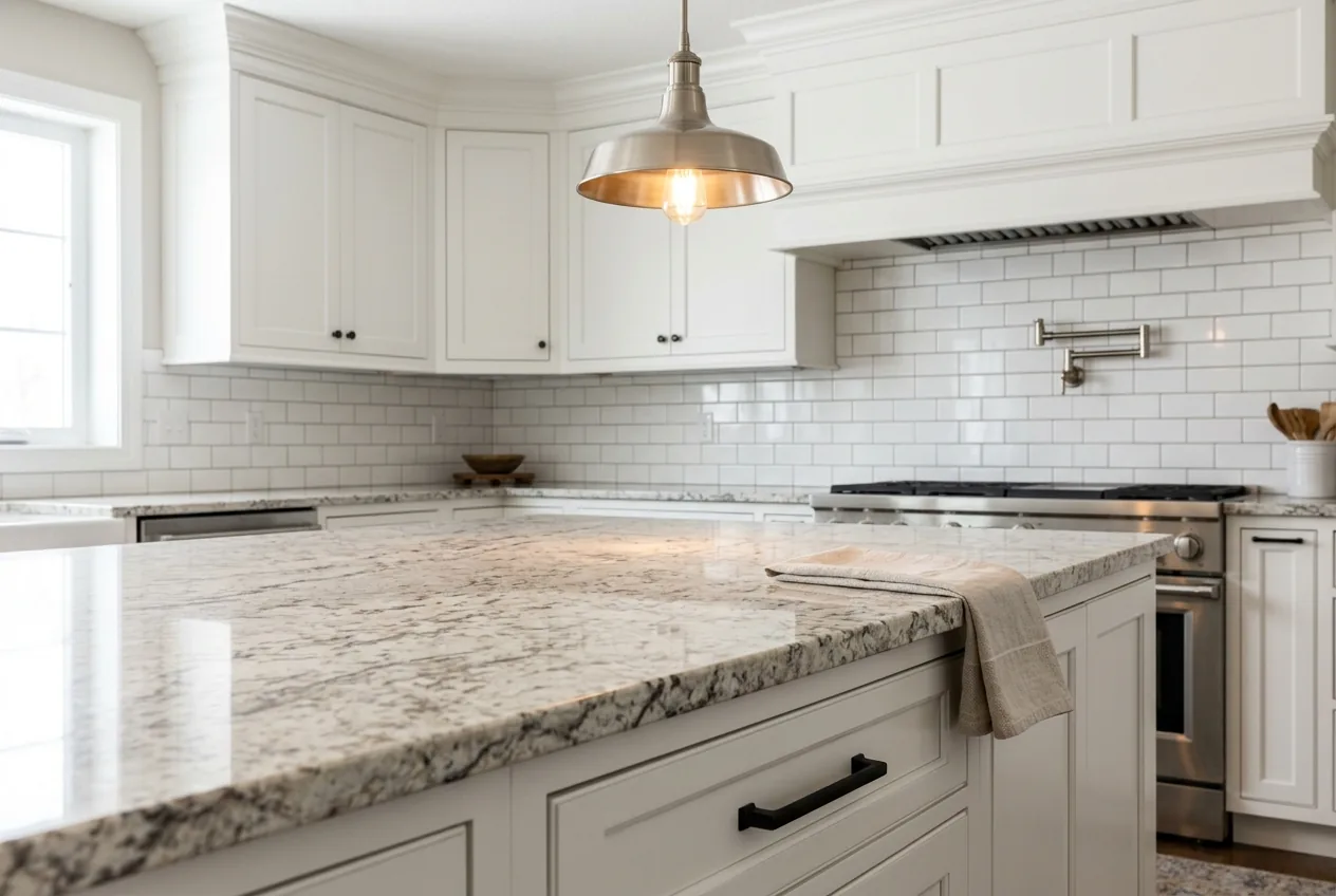 Close view of a marble-style kitchen countertop with pendant lighting