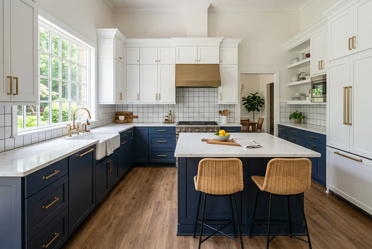 Navy lower shaker cabinets with marble island and rattan bar stools