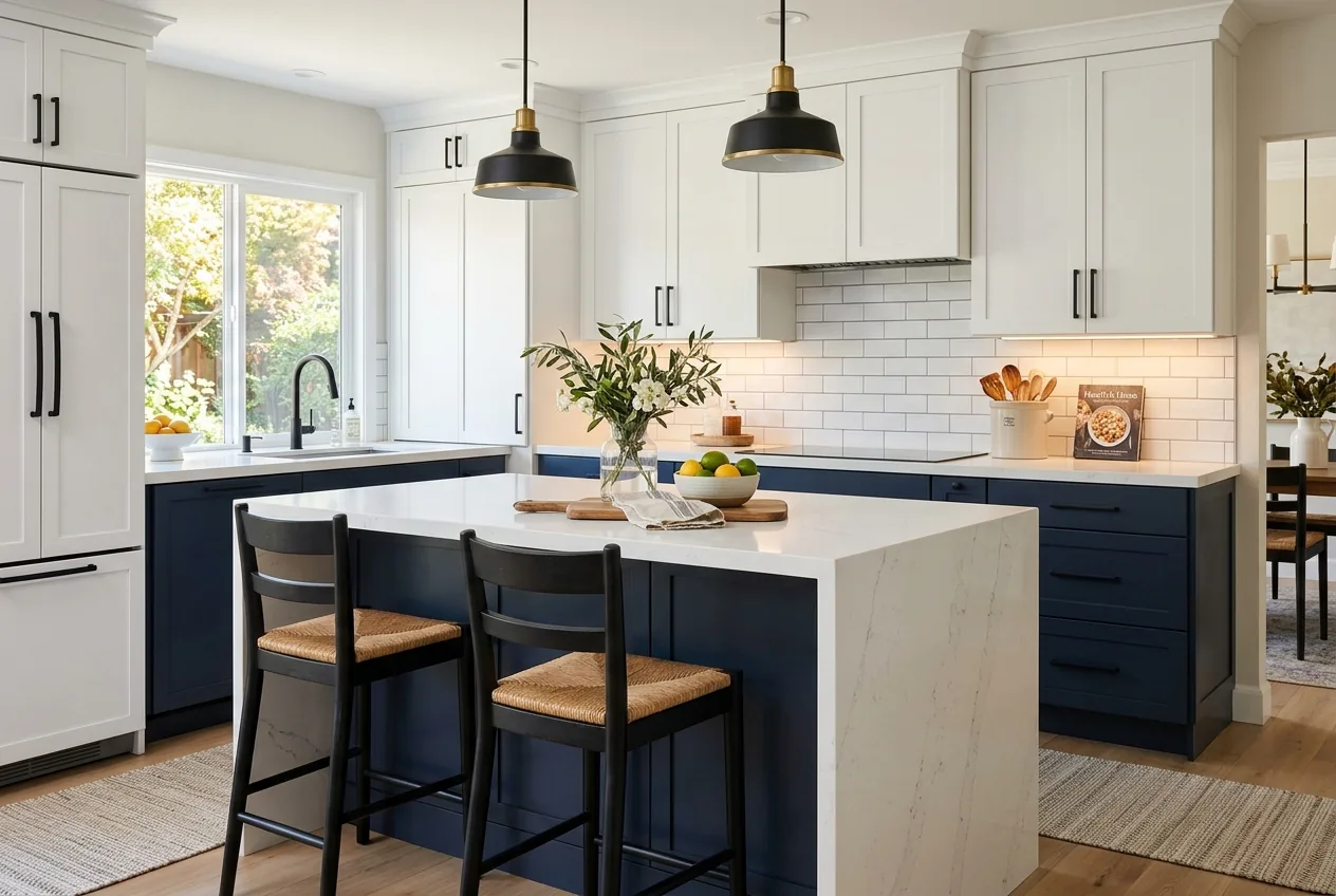 Navy and white shaker kitchen with marble waterfall island and brass accents
