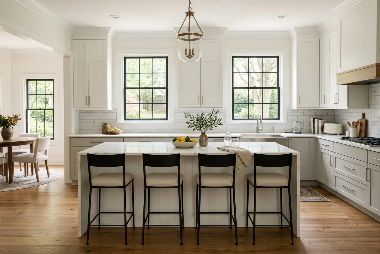 Bright kitchen with oak-toned floors and off-white cabinets