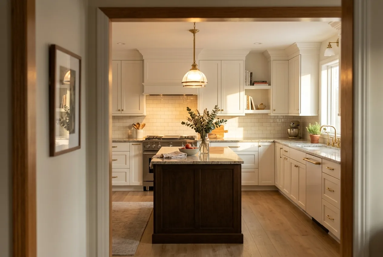 Warm white shaker kitchen with island and natural light for multi-surface planning