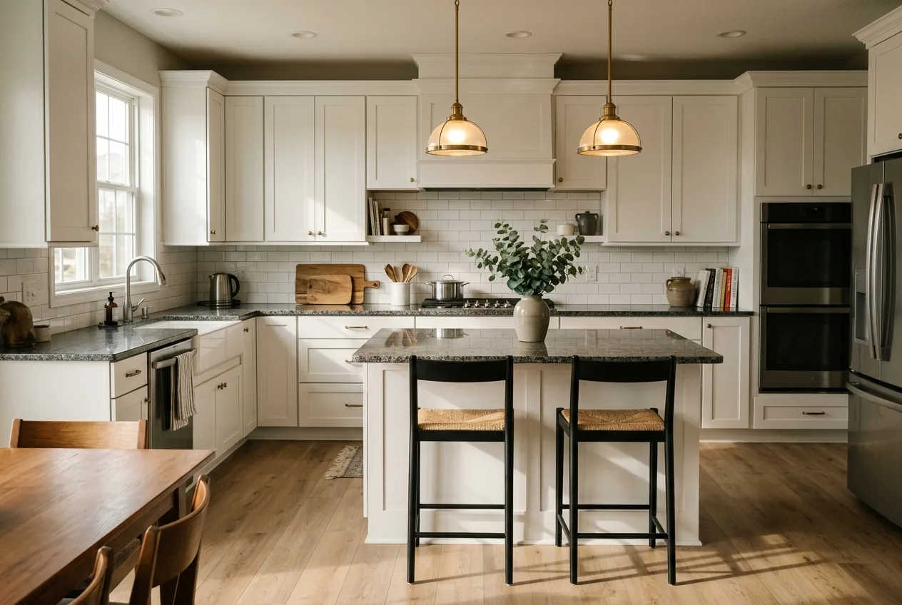 White shaker kitchen with brass pendants and granite countertops